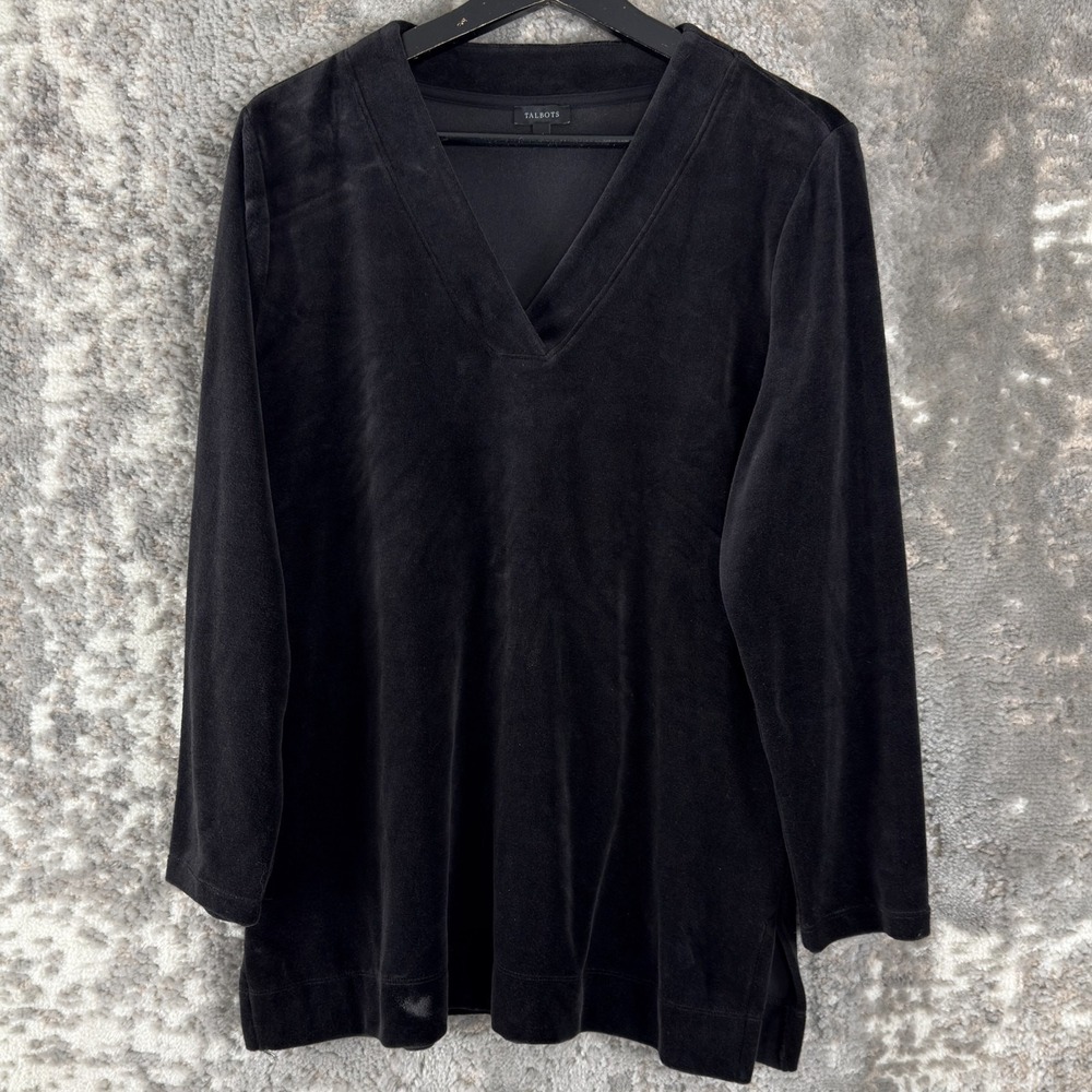 Talbots‎ Size M Velvet Stretch V Neck Top Black Long Sleeve Pullover Casual